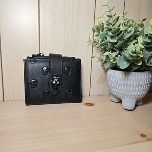 Betsy Johnson Black Skullicious Rhinestone Red Lining Bifold Wallet Faux Leather